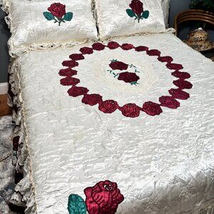 Queen Satin Rose Bedspread with Pillow Cases